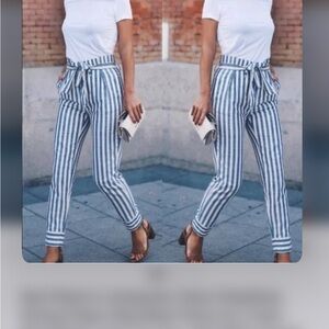 Zara Blue and White Striped Cropped Pants
